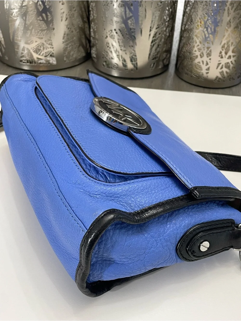 Michael Kors Blue Leather Crossbody Bag MK Logo Flap Chain Strap Shoulder